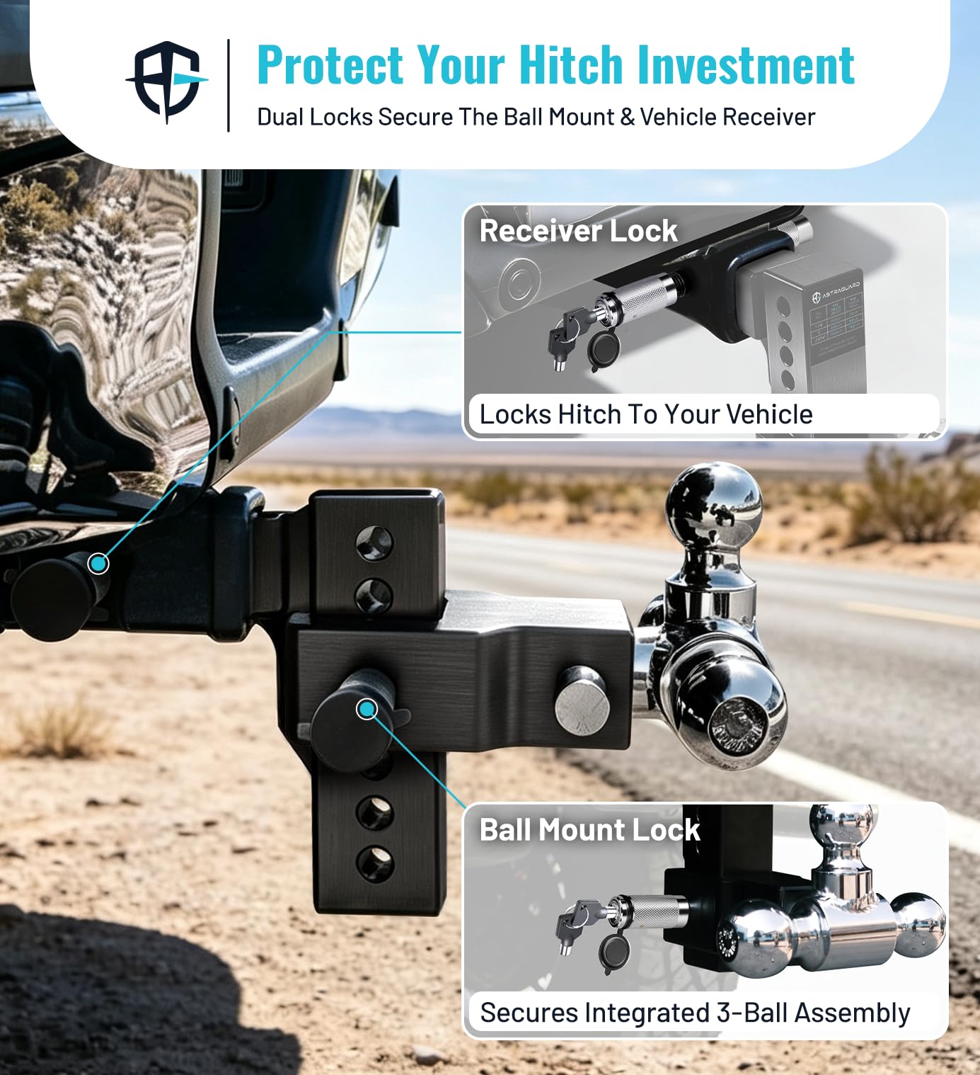 AstraGuard stainless pin lock and rubber silencer pads reducing theft and noise