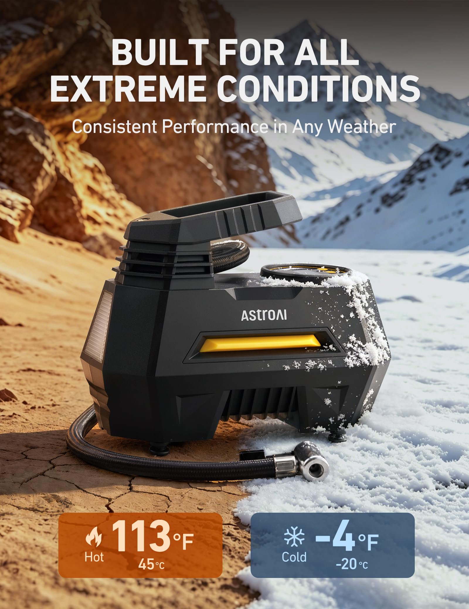 AstroAI AIRUN H1 attaching to tire valve demonstrating quick inflation benefit