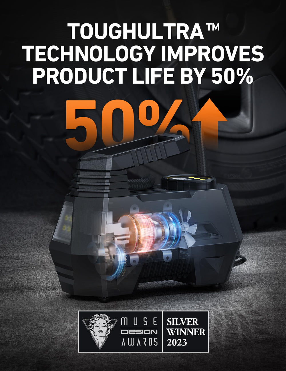 AstroAI AIRUN H cord and plug length demonstrating 9.84 ft reach for easy tire access