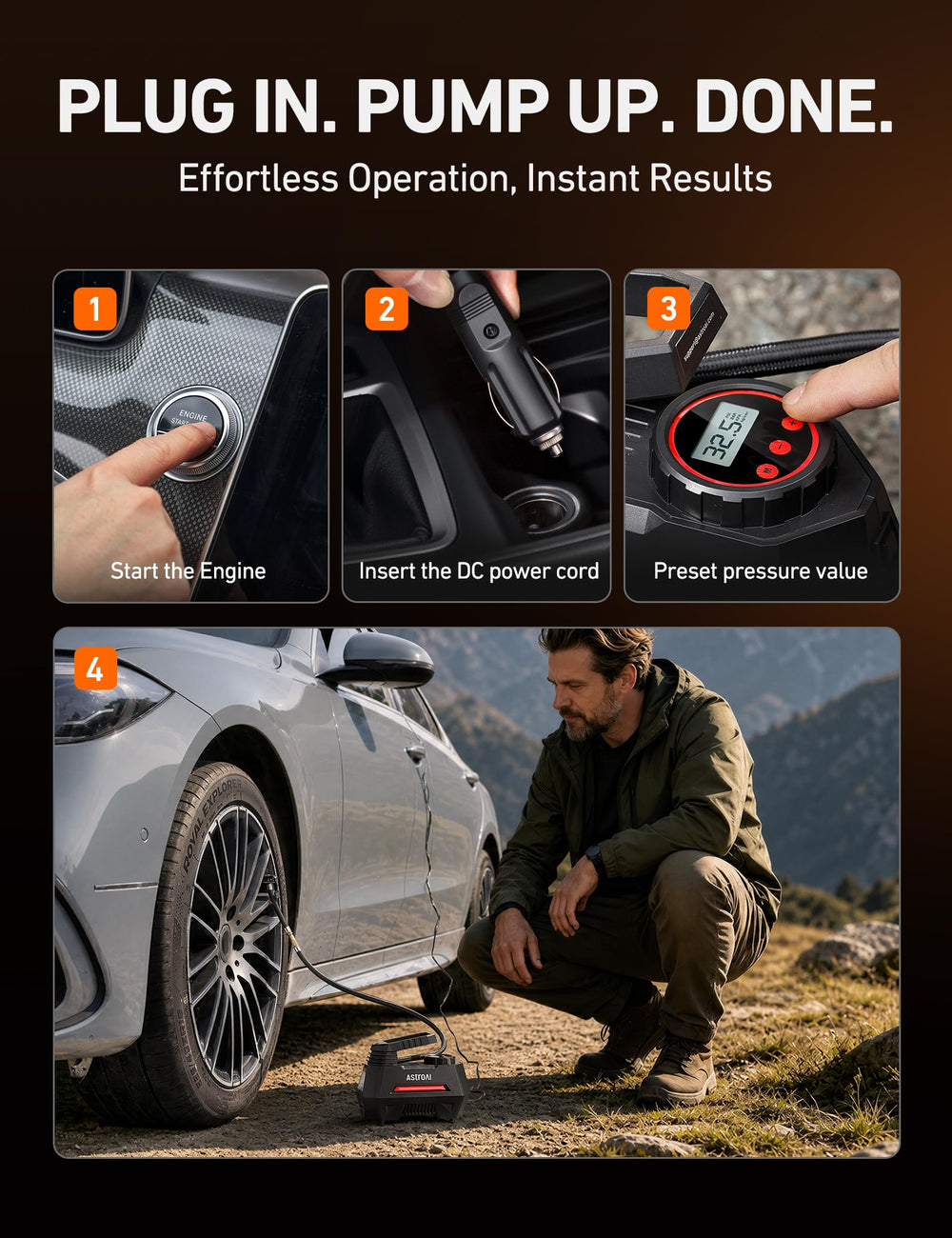 AstroAI AIRUN H inflating a car tire demonstrating fast inflation performance and convenience