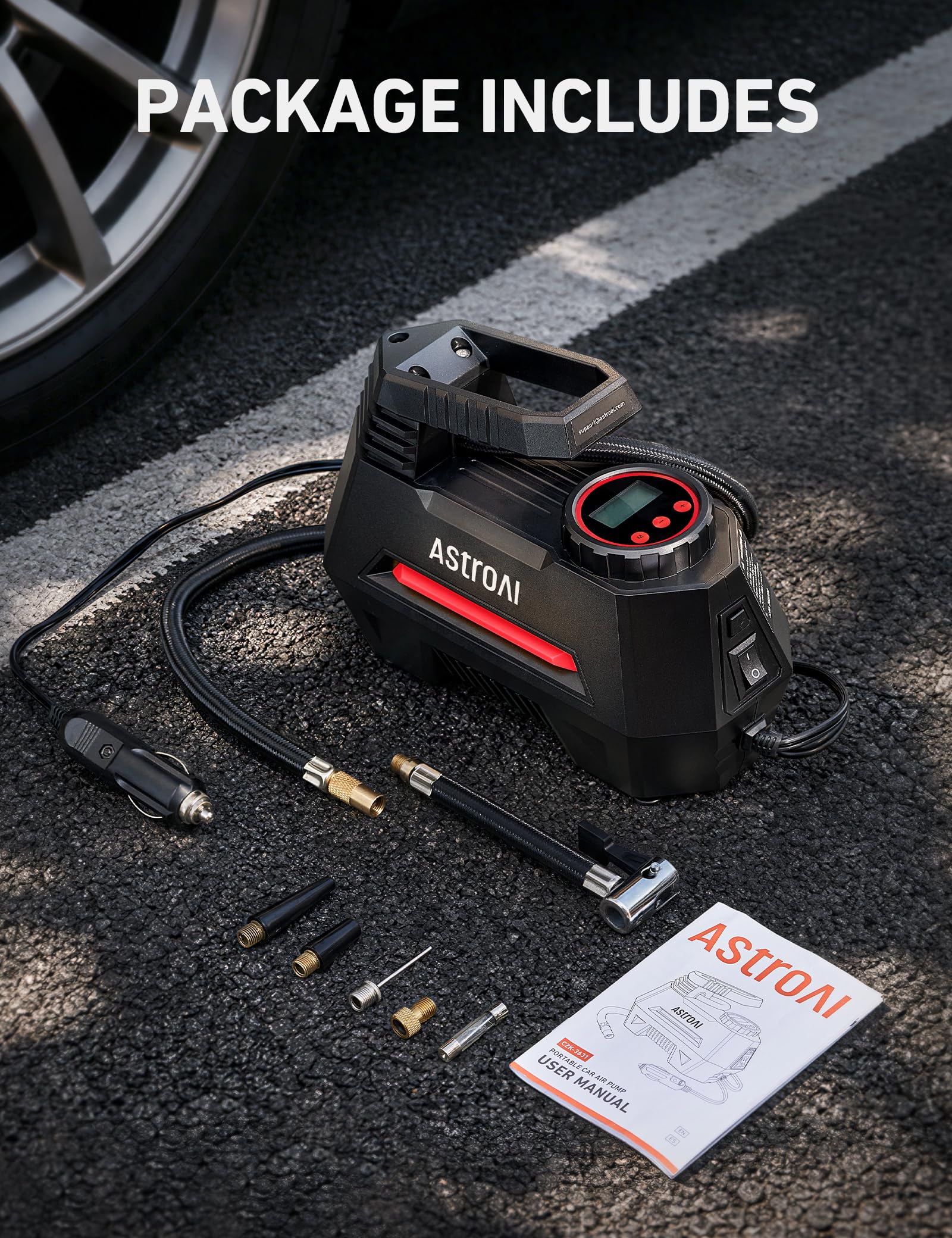 AstroAI AIRUN H next to a ruler and keys showing compact size for glovebox or trunk storage