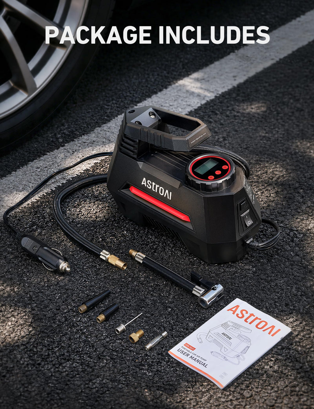 AstroAI AIRUN H next to a ruler and keys showing compact size for glovebox or trunk storage