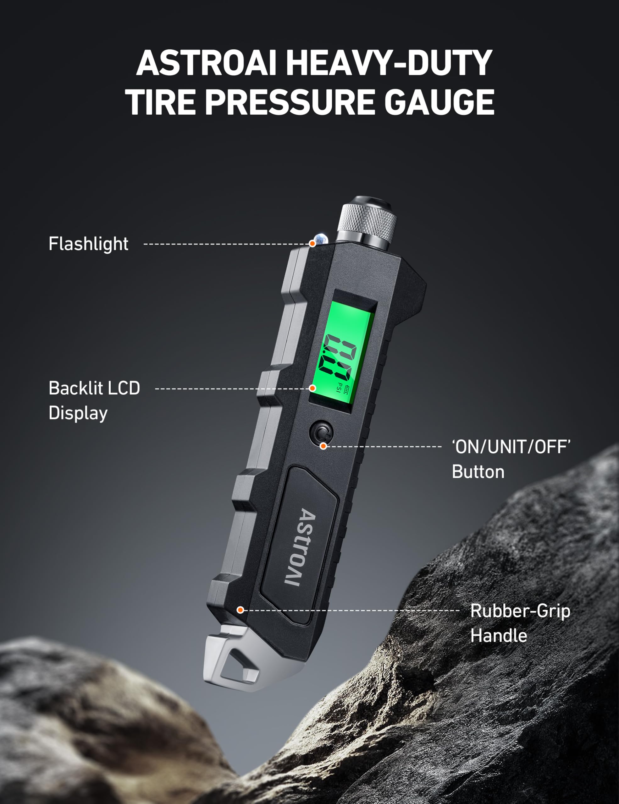 AstroAI green backlit LCD display clearly showing precise pressure for night checks
