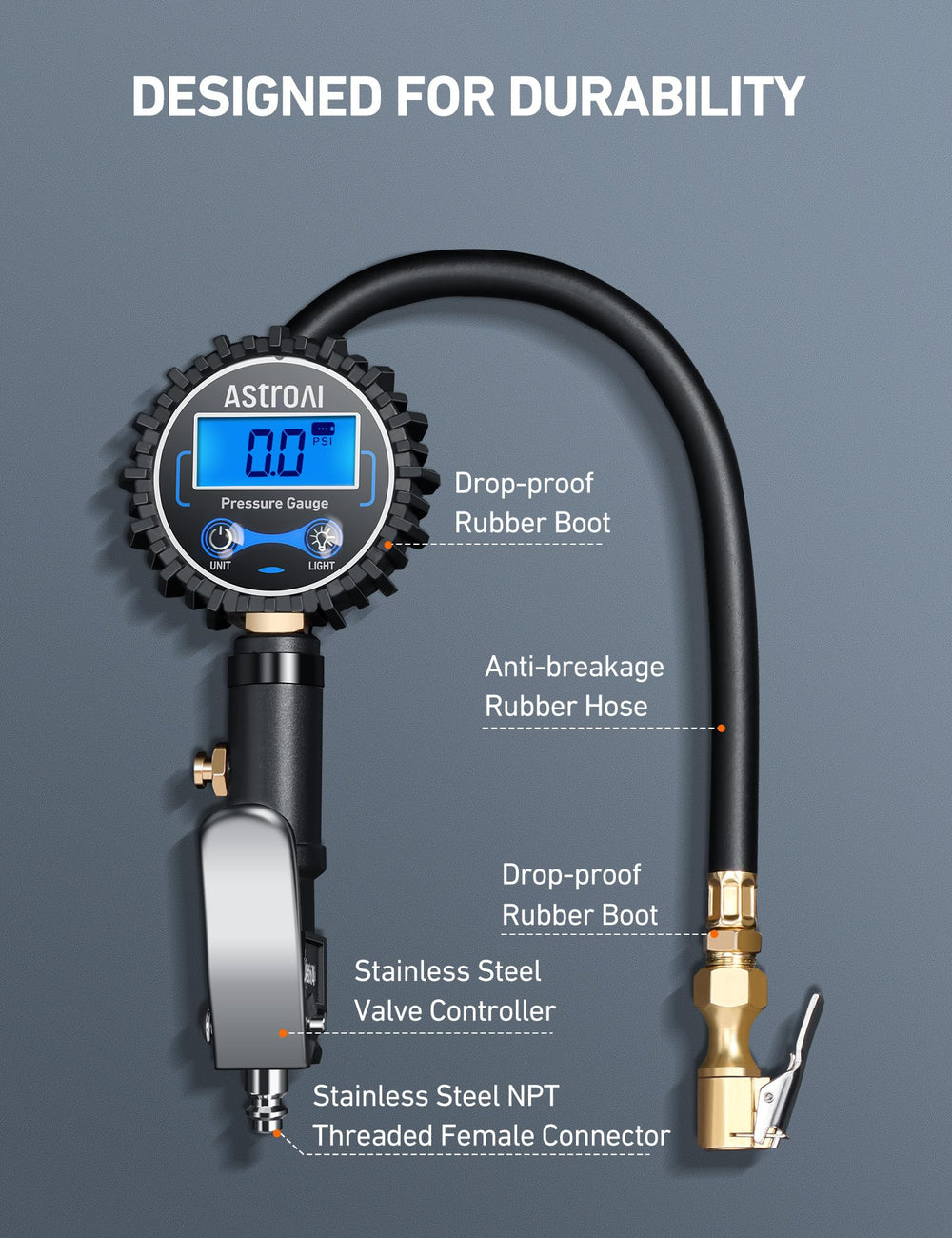AstroAI connected to 1/4 inch NPT compressor for fast inflating