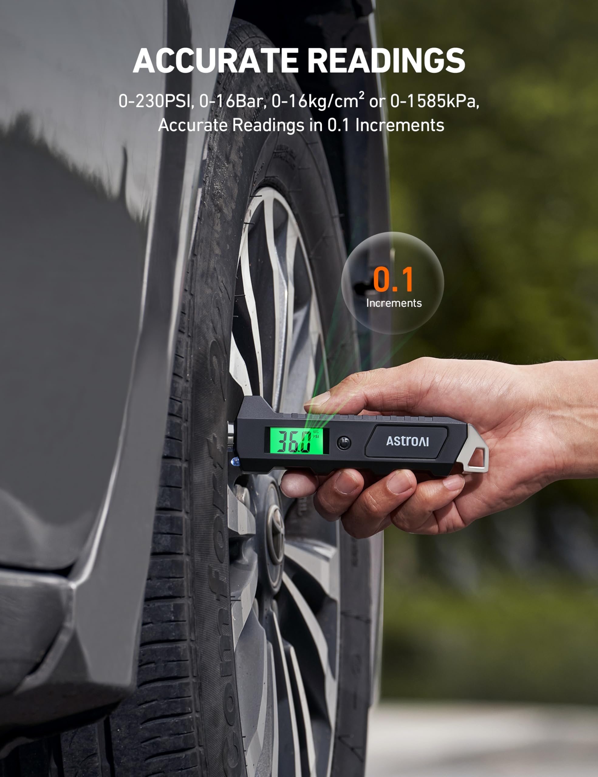 AstroAI flashlight illuminating valve stem to aid safe roadside tire checks