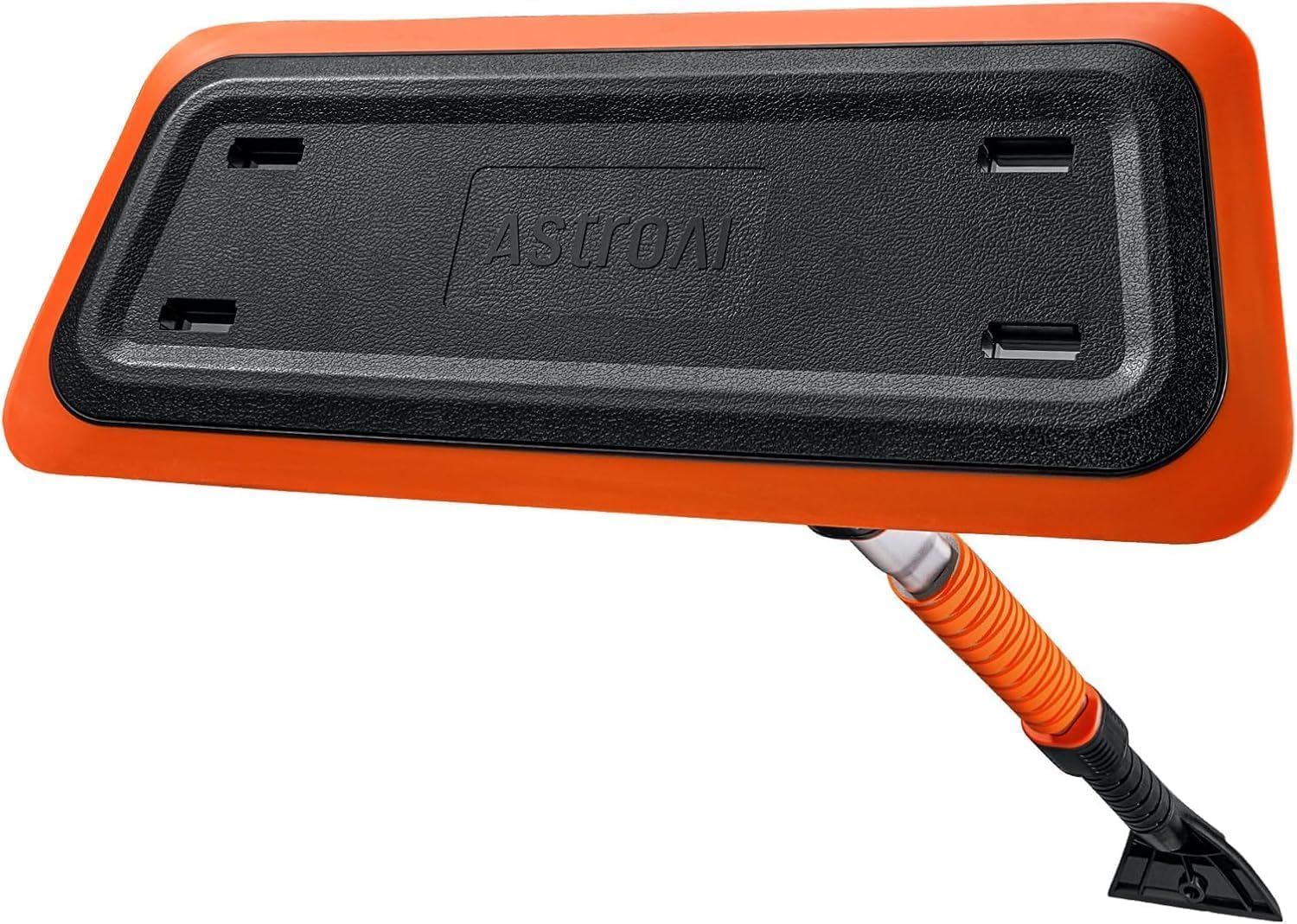 AstroAI front view showing orange-black snow broom protecting vehicle paint