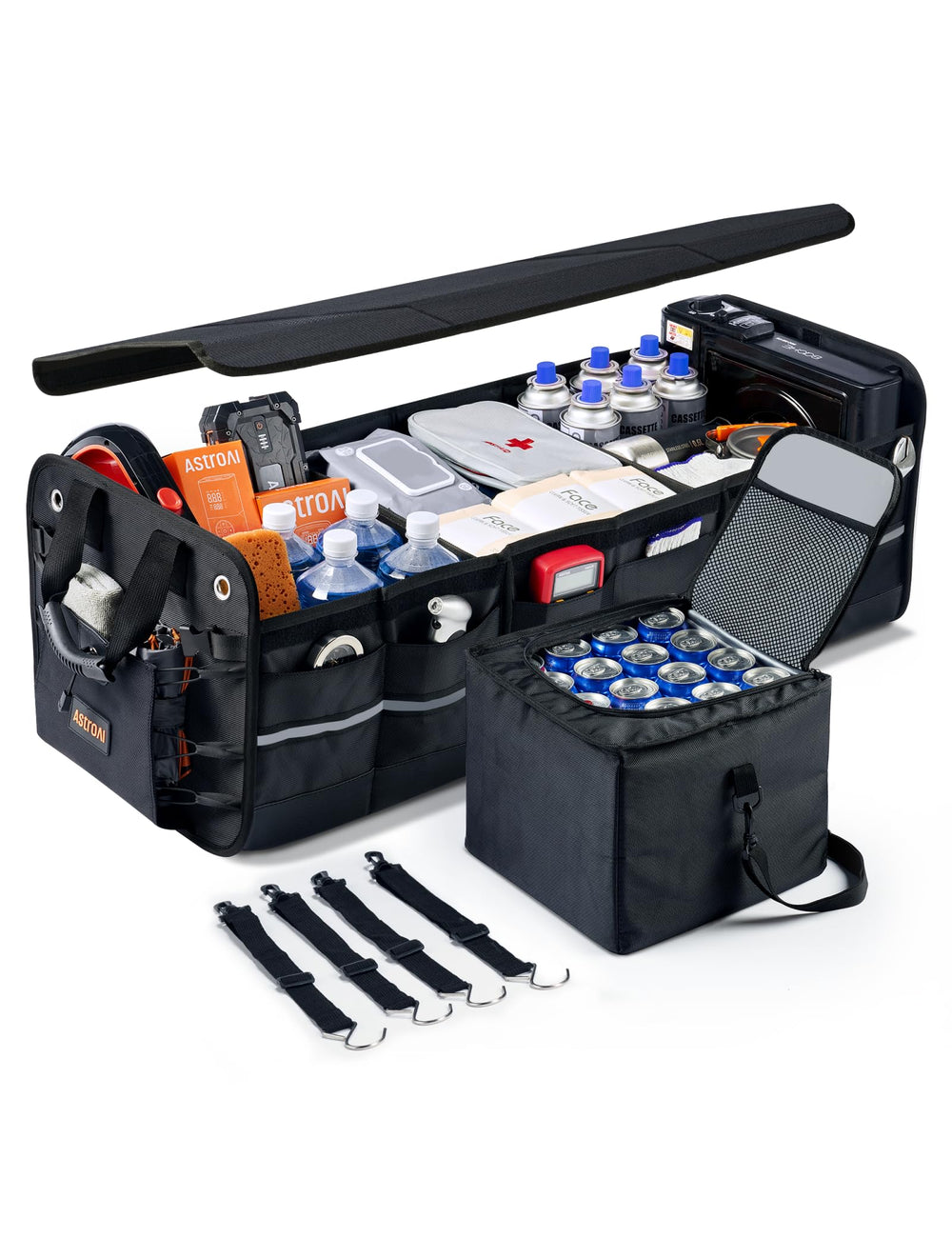AstroAI front view of trunk organizer showing compartments and durable build benefiting organized storage