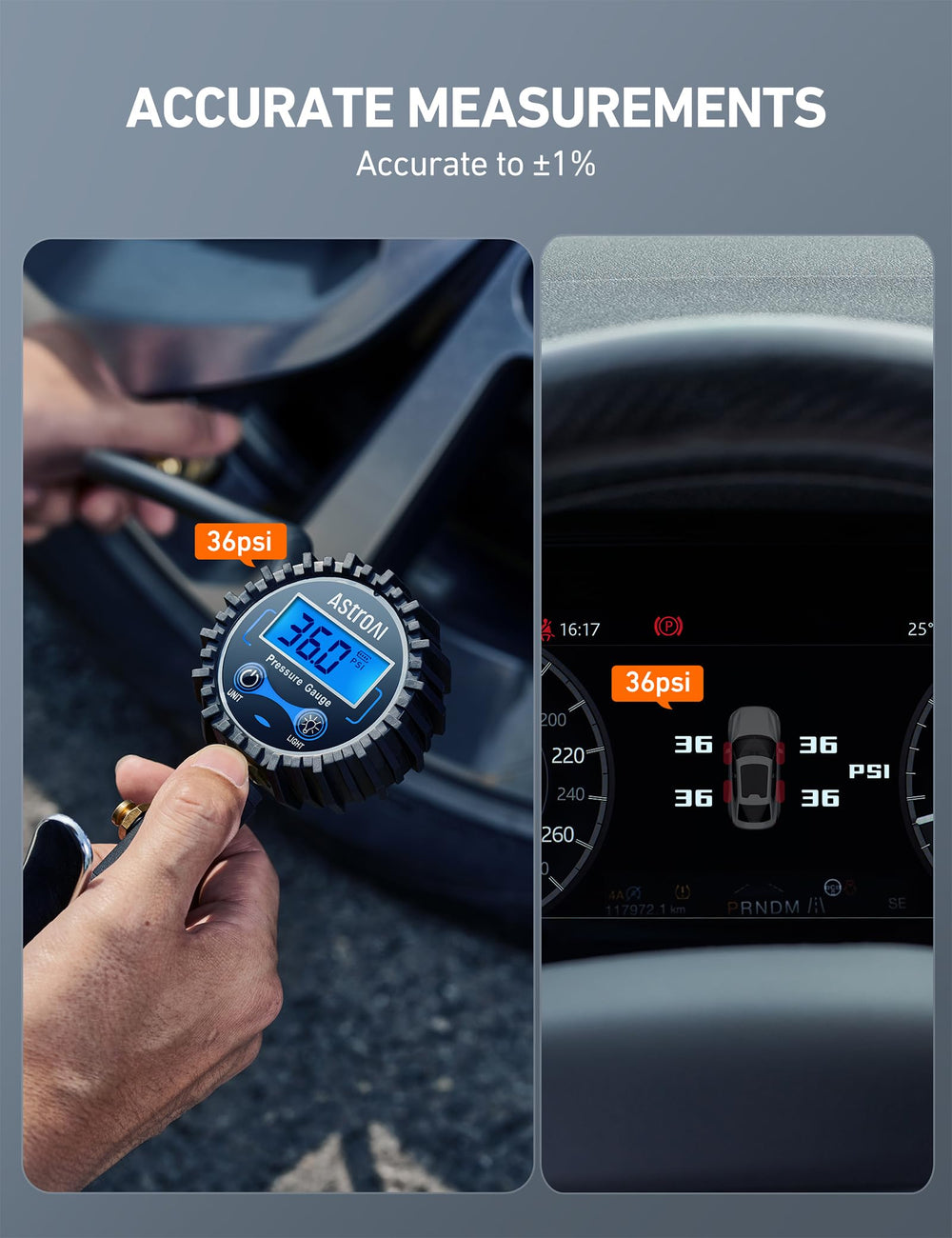 AstroAI backlit display illuminated with pressure units visible for easy nighttime readings
