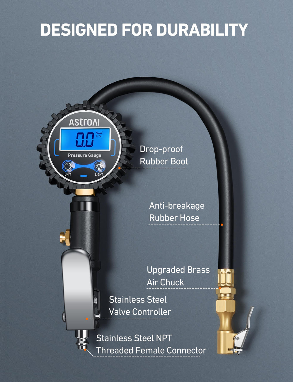 AstroAI hose and built-in bleeder valve demonstrating quick pressure release convenience