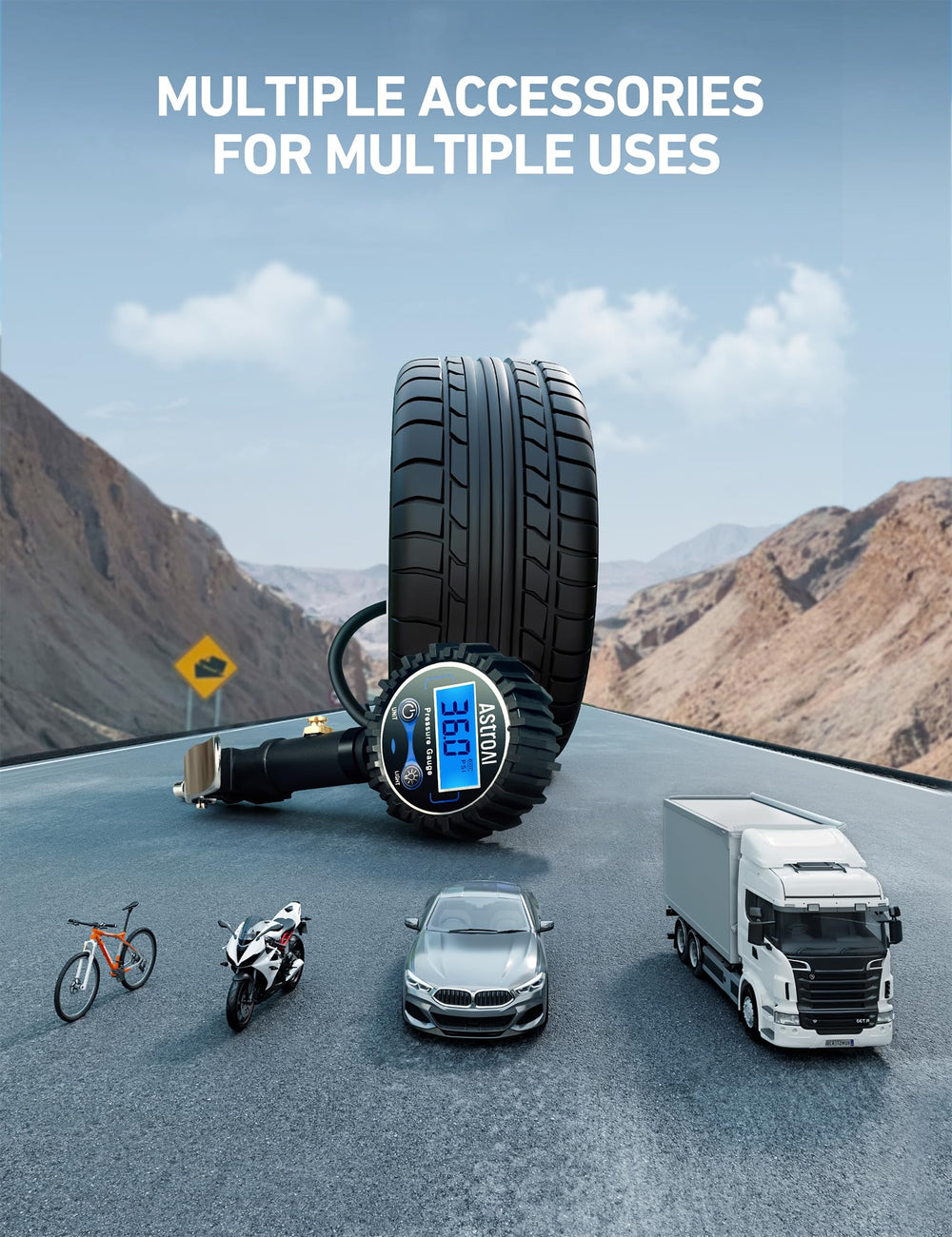 AstroAI in a garage being used on a car tire showing practical workshop utility