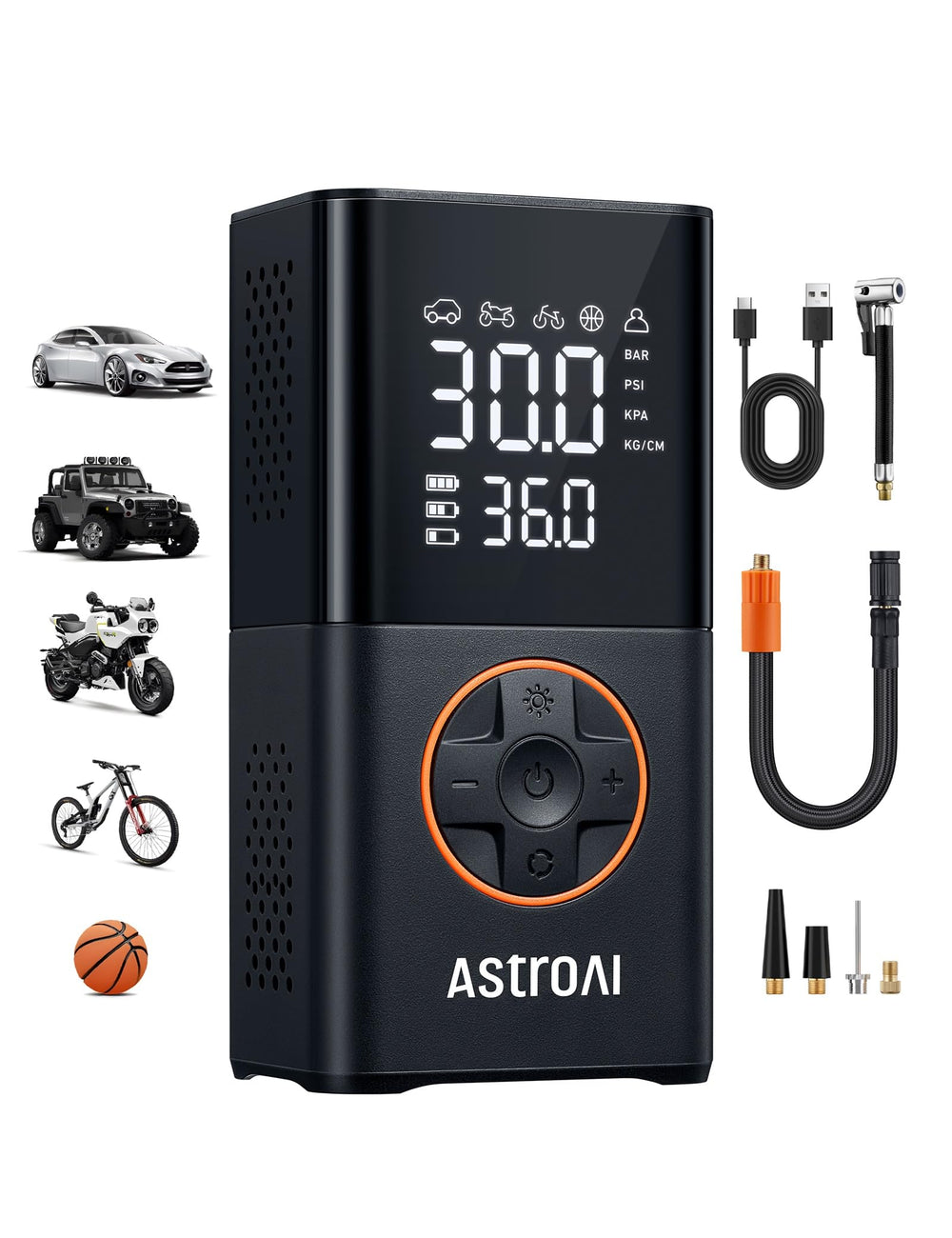 AstroAI L7 front view showing controls and orange housing for easy storage