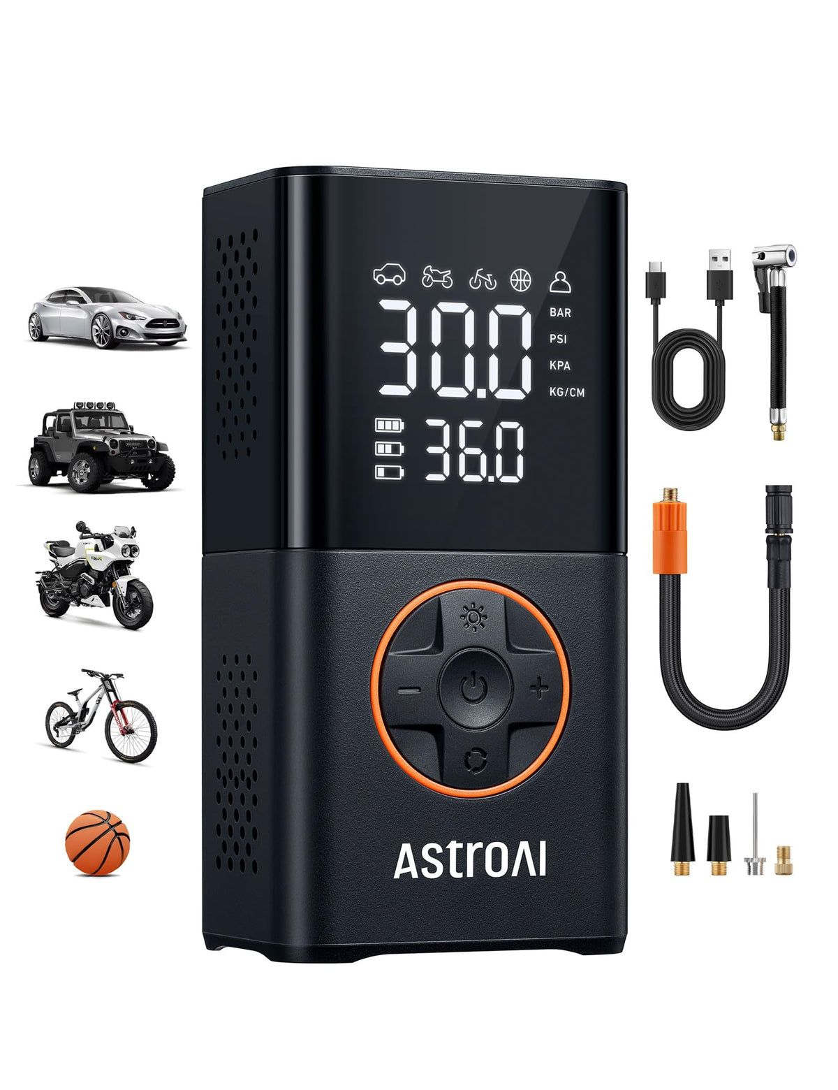 AstroAI L7 front view showing controls and orange housing for easy storage