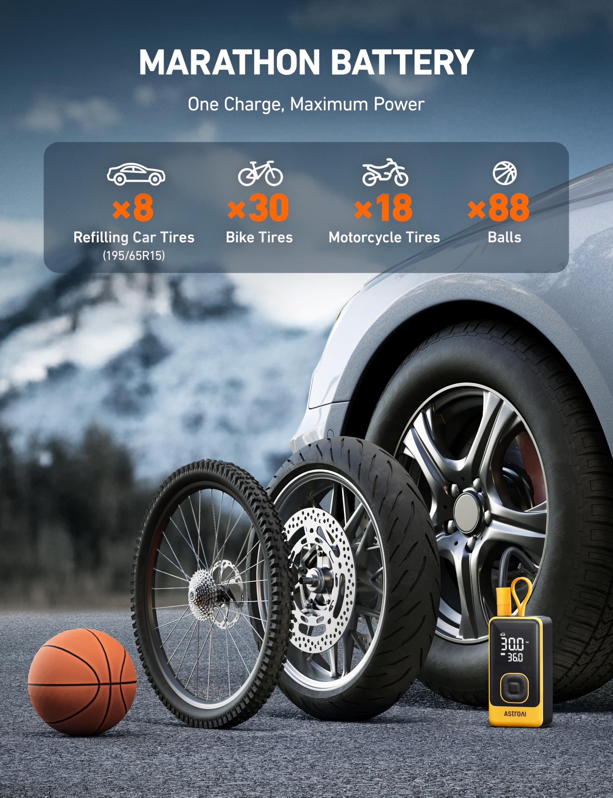 AstroAI L7 connected to car tire showing quick inflation and convenience