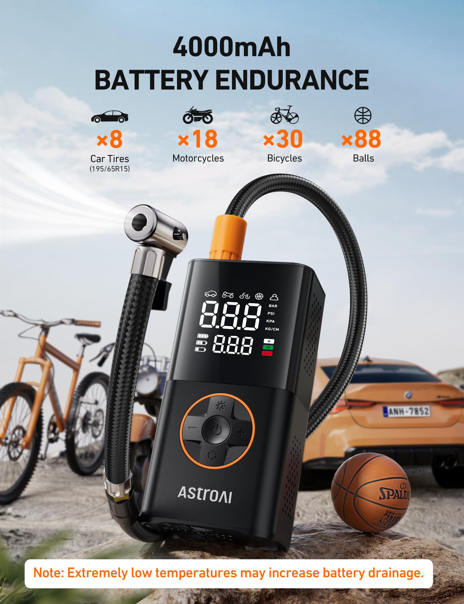 AstroAI L7 included nozzles and adapters laid out for versatile inflation options