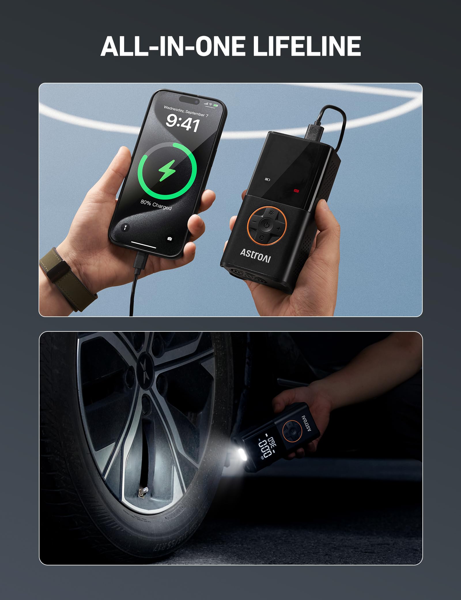 AstroAI L7 USB-C port and cable connected for fast recharging on the go