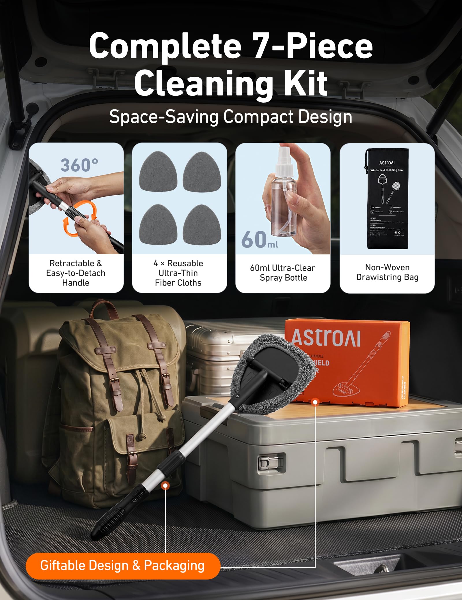 AstroAI lifestyle shot cleaning a car interior window demonstrating quick results