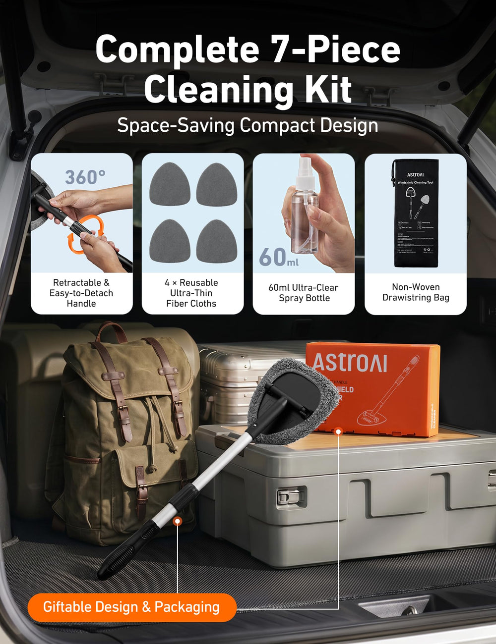 AstroAI lifestyle shot cleaning a car interior window demonstrating quick results