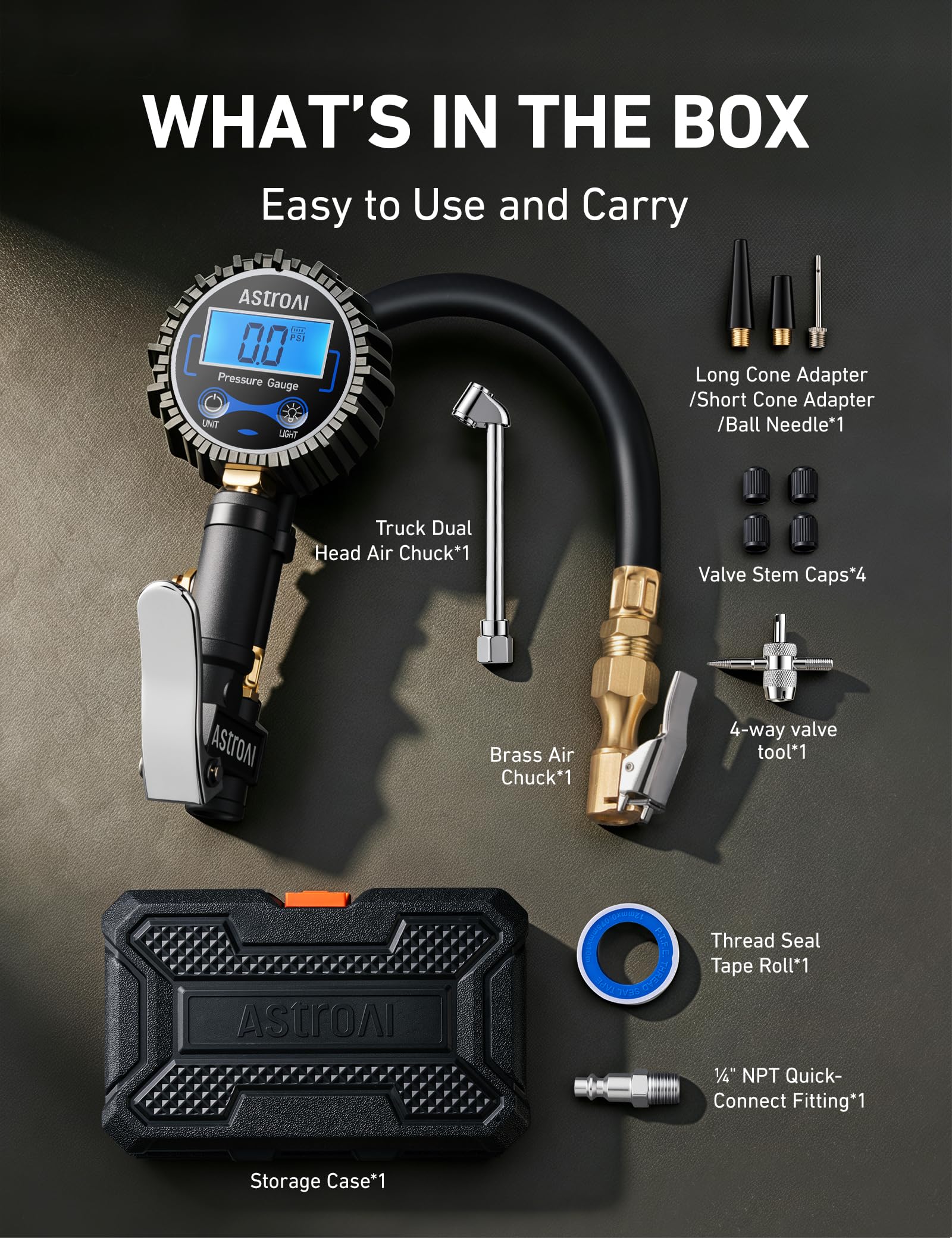 AstroAI in a garage inflating a car tire for reliable vehicle maintenance