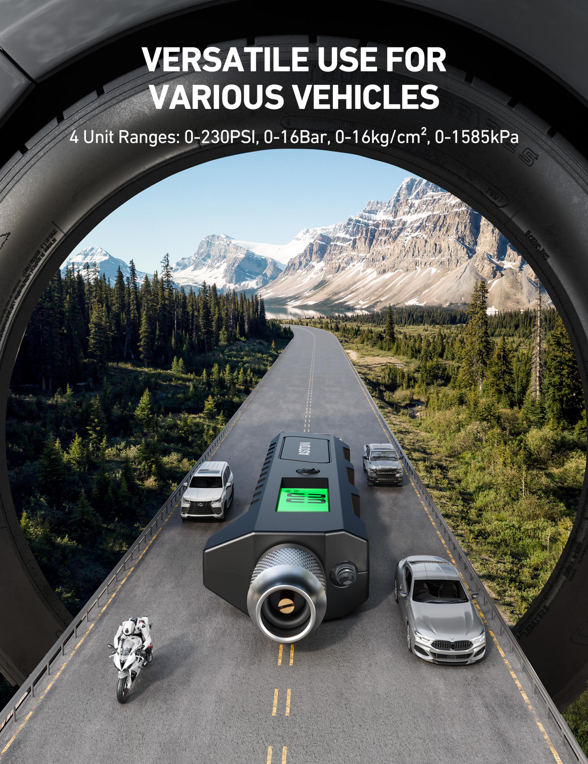 AstroAI used at roadside on car tire for quick pressure check and convenience