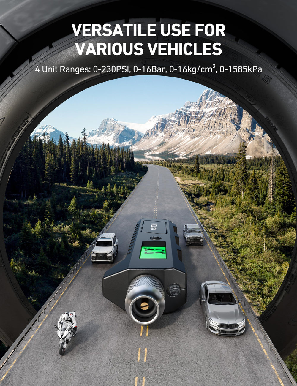 AstroAI used at roadside on car tire for quick pressure check and convenience