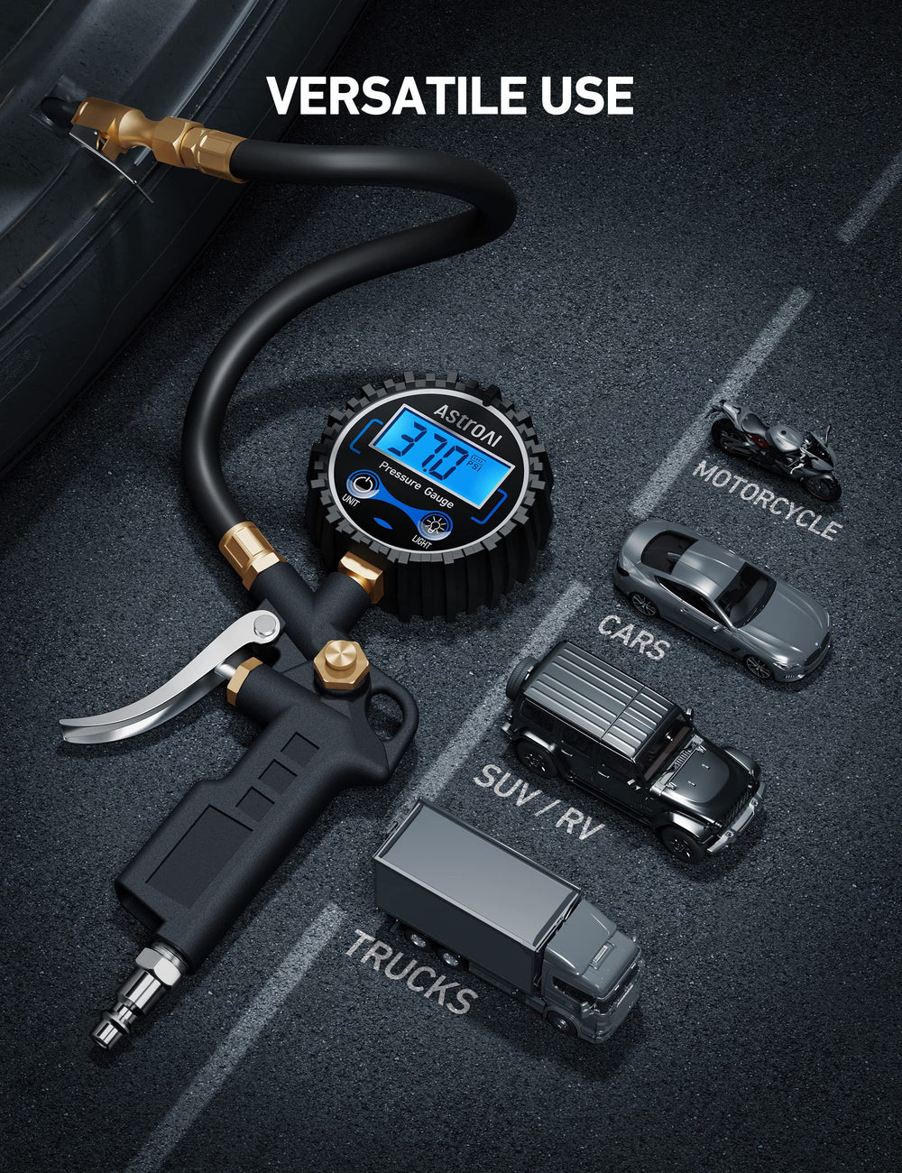 AstroAI packaging and accessories including hose and user manual for ready setup