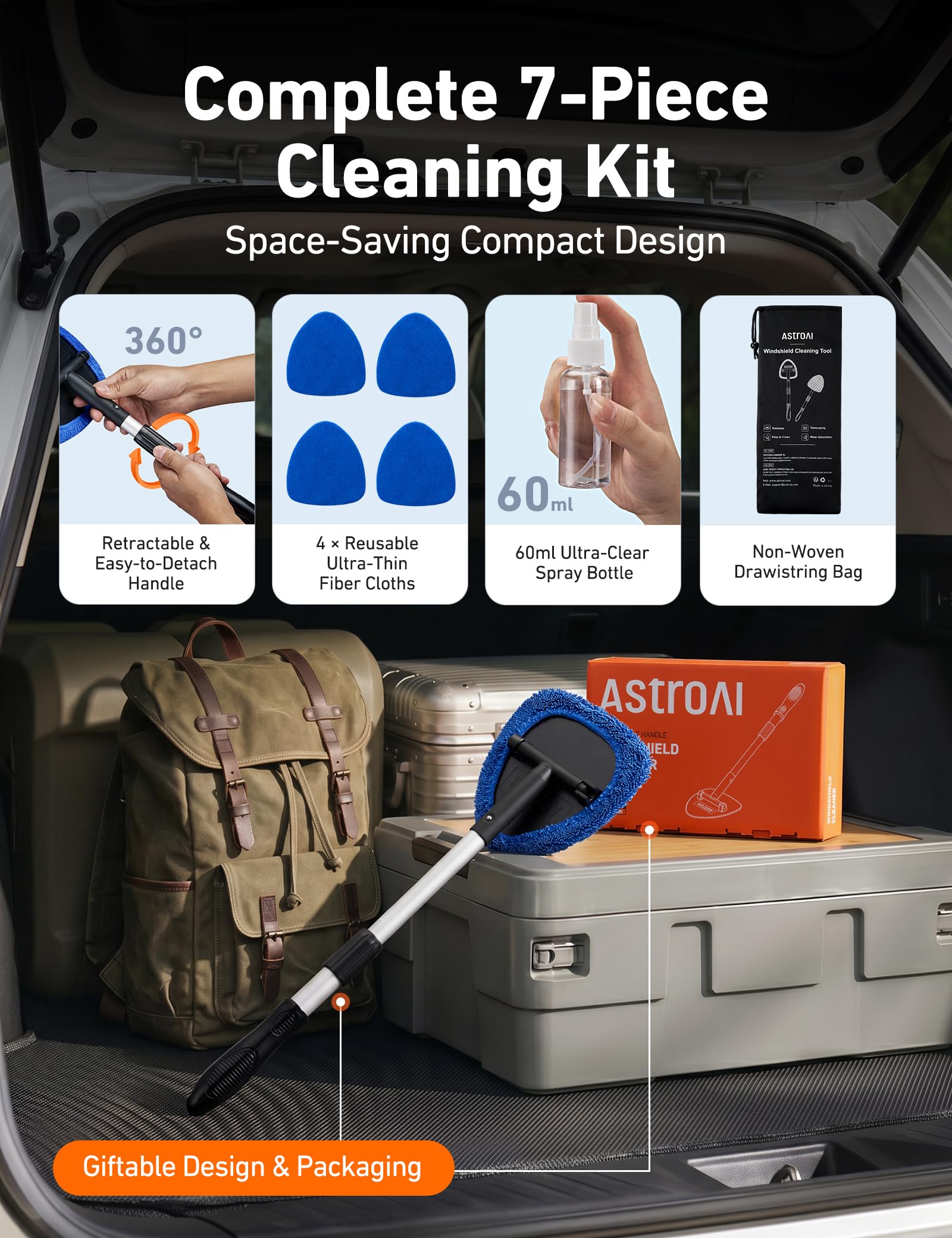 AstroAI kit in trunk on road-trip backdrop suggesting travel-ready glass care convenience