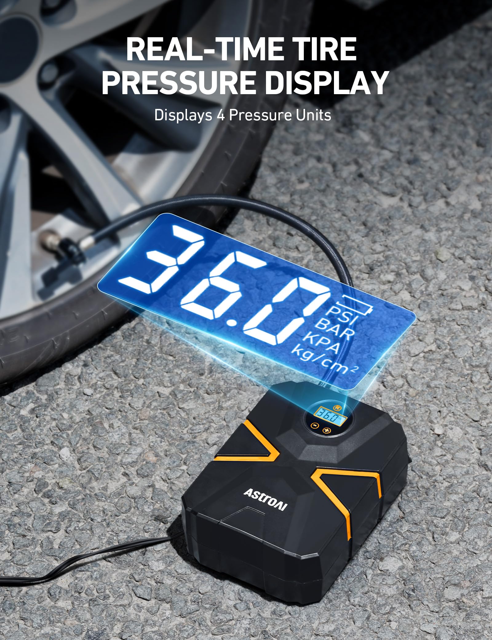 AstroAI S1 digital display close-up showing clear PSI readout for accuracy