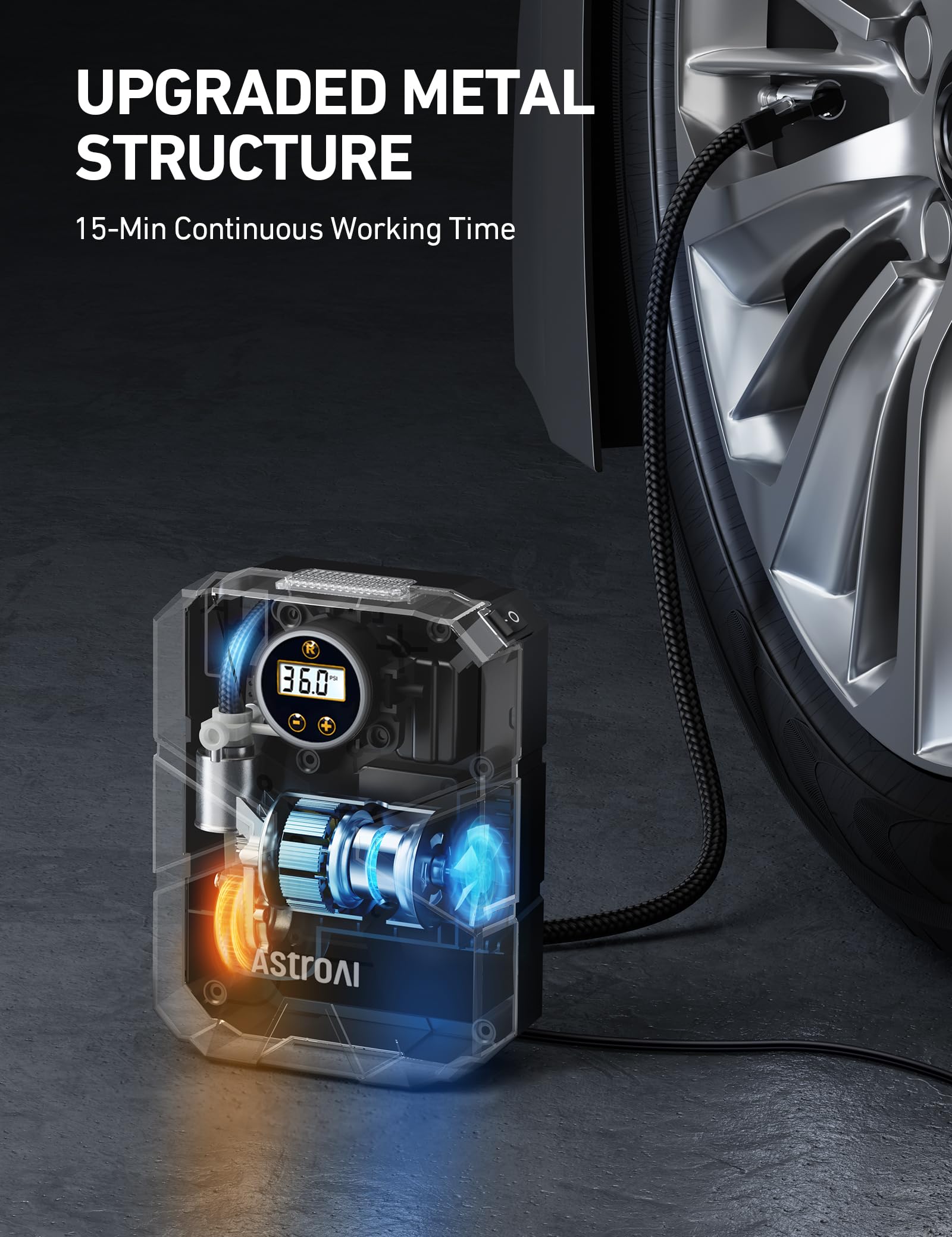 AstroAI S1 inflating car tire showing fast response and roadside convenience