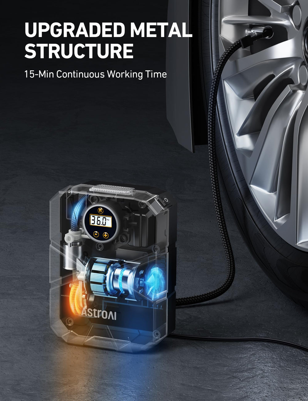 AstroAI S1 inflating car tire showing fast response and roadside convenience