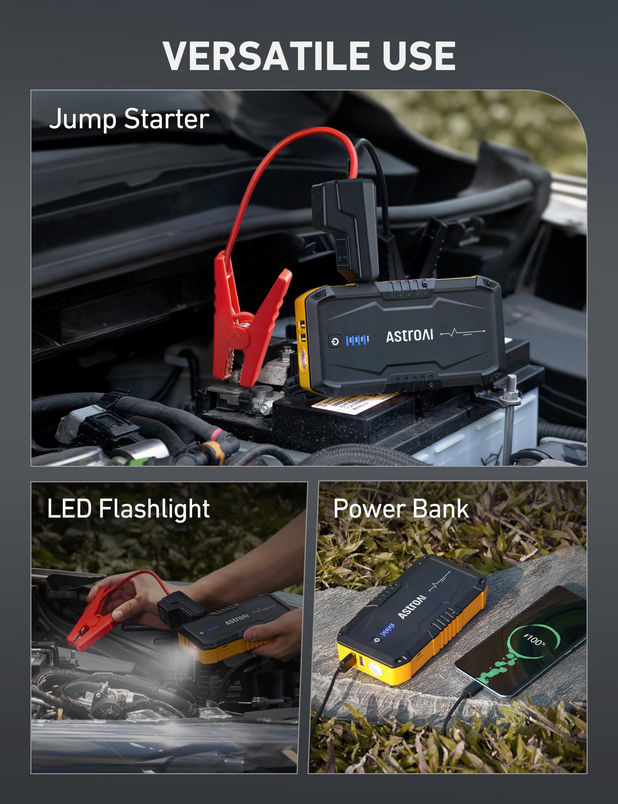 AstroAI connected to a car battery showing reliable jump-start capability
