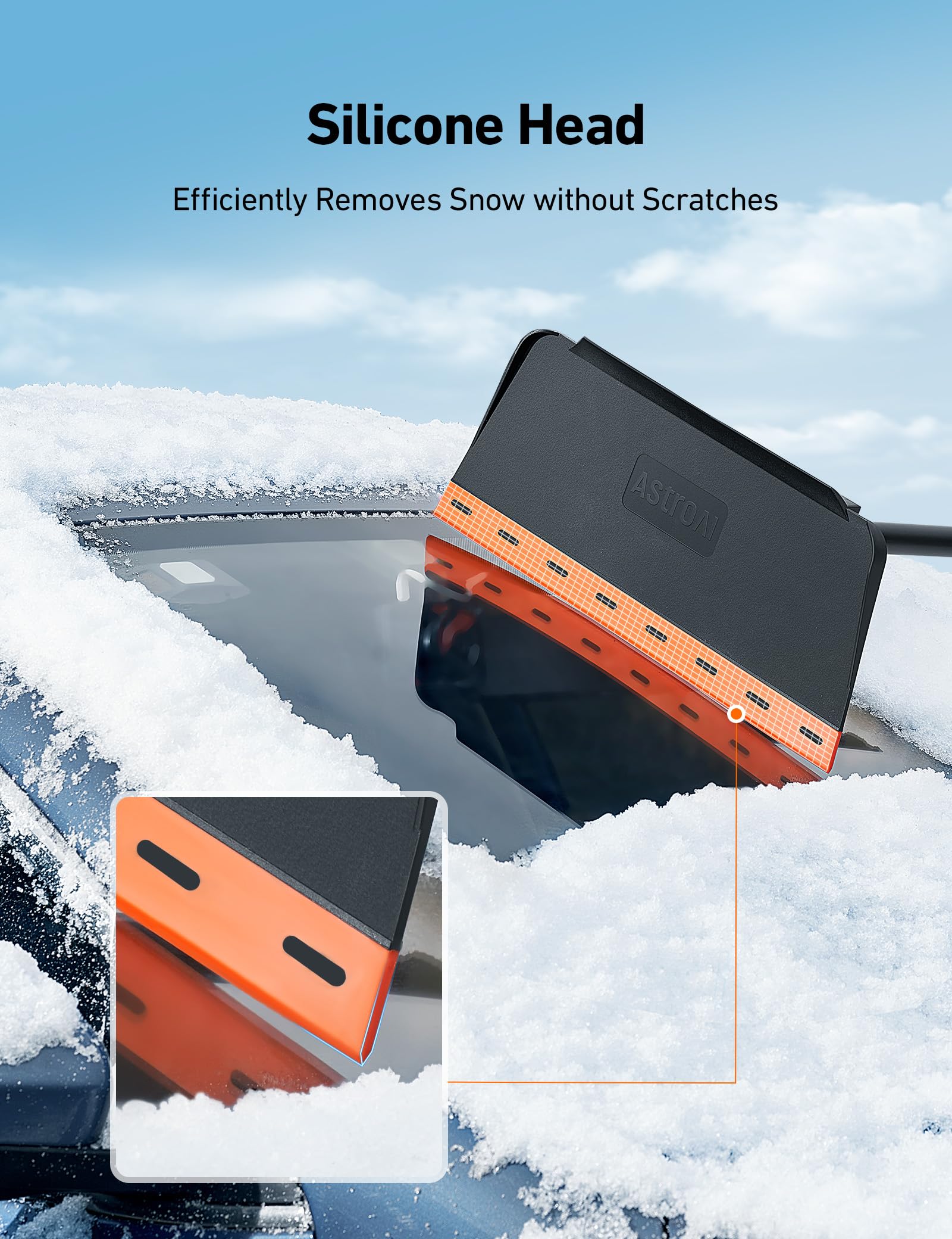 AstroAI close-up of solid silicone head highlighting gentle, paint-safe snow removal