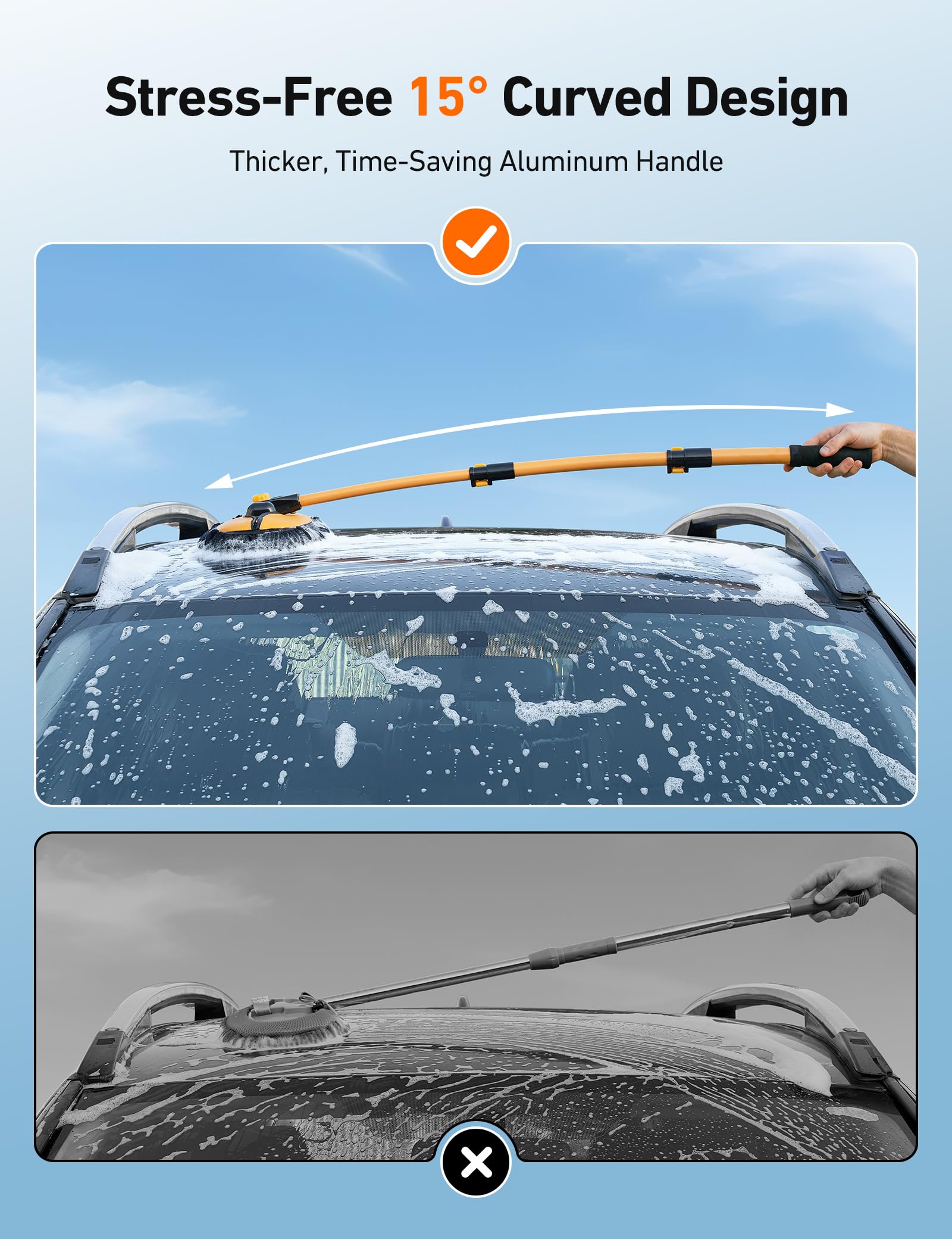 AstroAI telescopic handle fully extended to 43 inches demonstrating extended reach for roofs