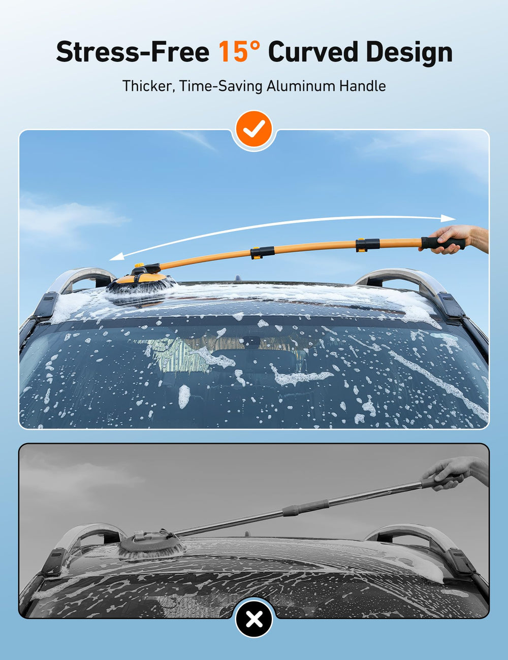 AstroAI telescopic handle fully extended to 43 inches demonstrating extended reach for roofs