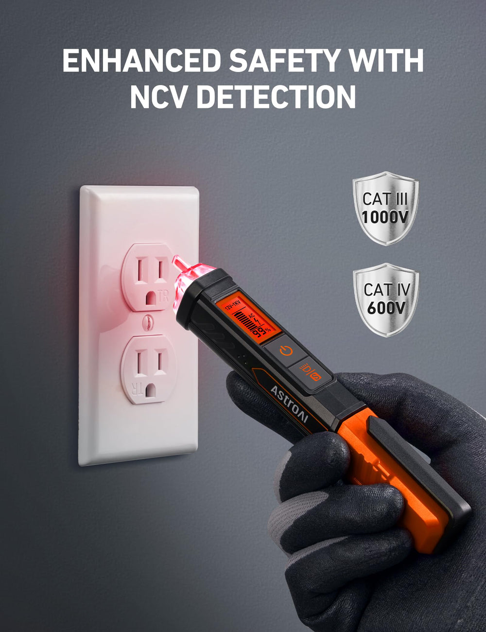AstroAI probe tip LED close-up indicating live detection with bright visual feedback