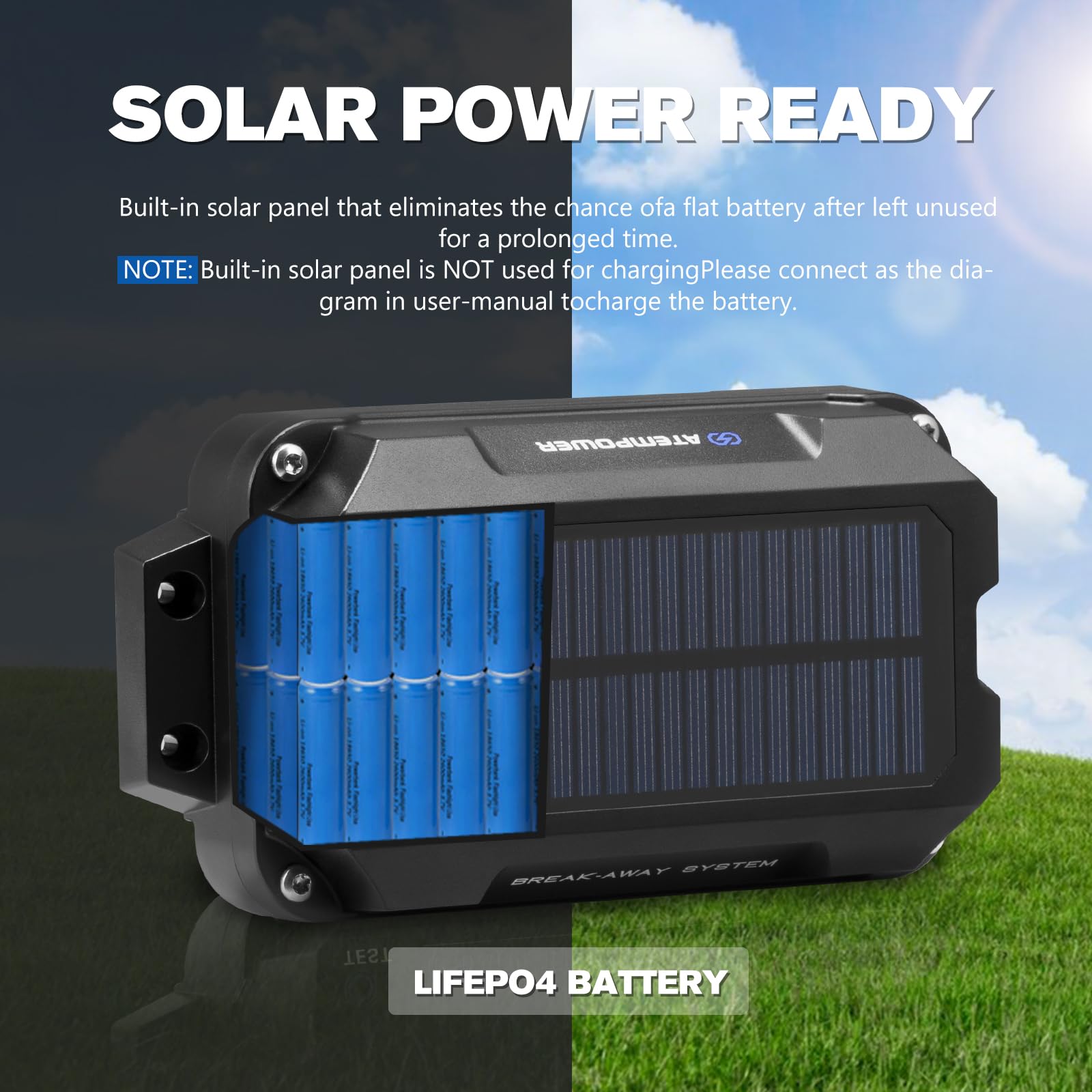 ATEM POWER close-up of built-in solar panel preserving battery charge in storage