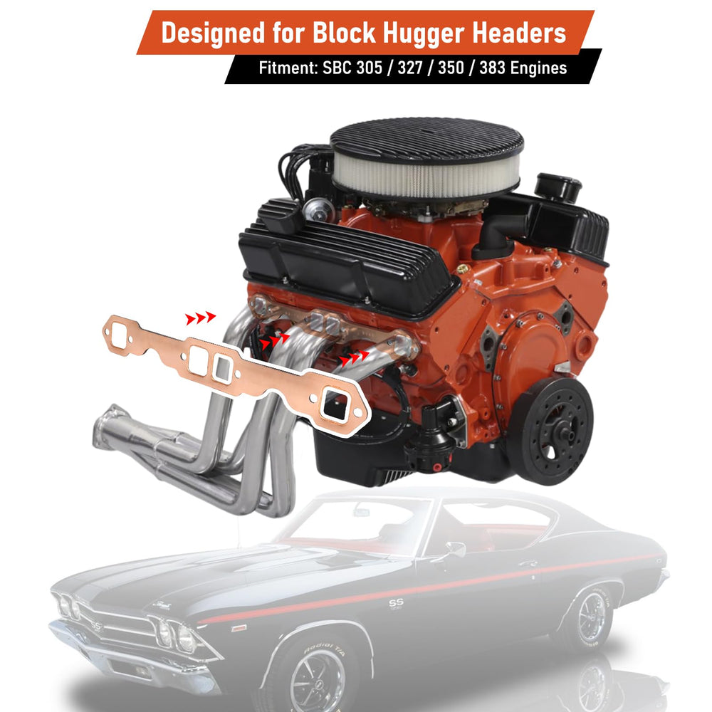 Atesilor gasket installed on block-hugger header demonstrating leak-prevention benefit