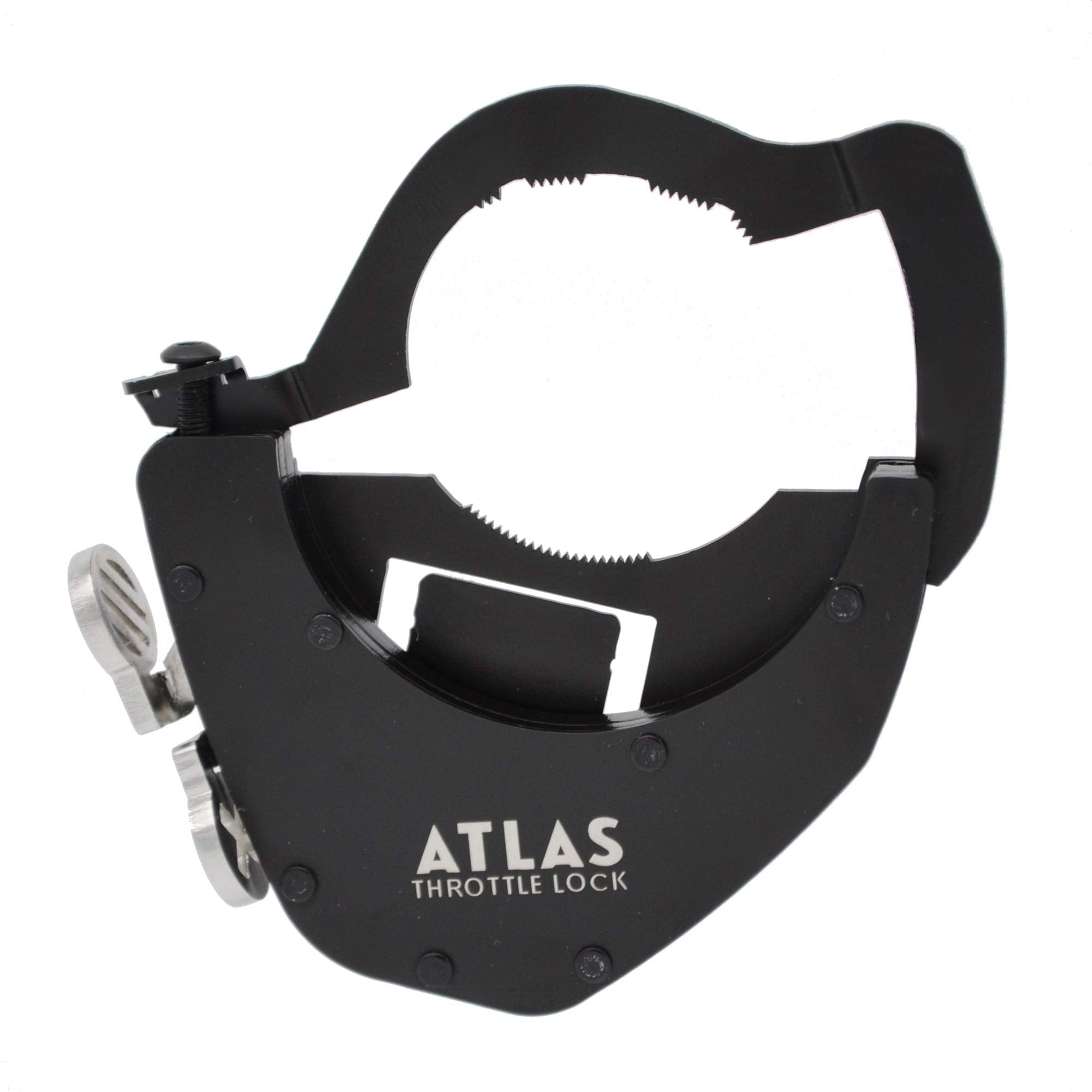 ATLAS Throttle Lock installed on handlebar demonstrating bolt-on fit and accessibility