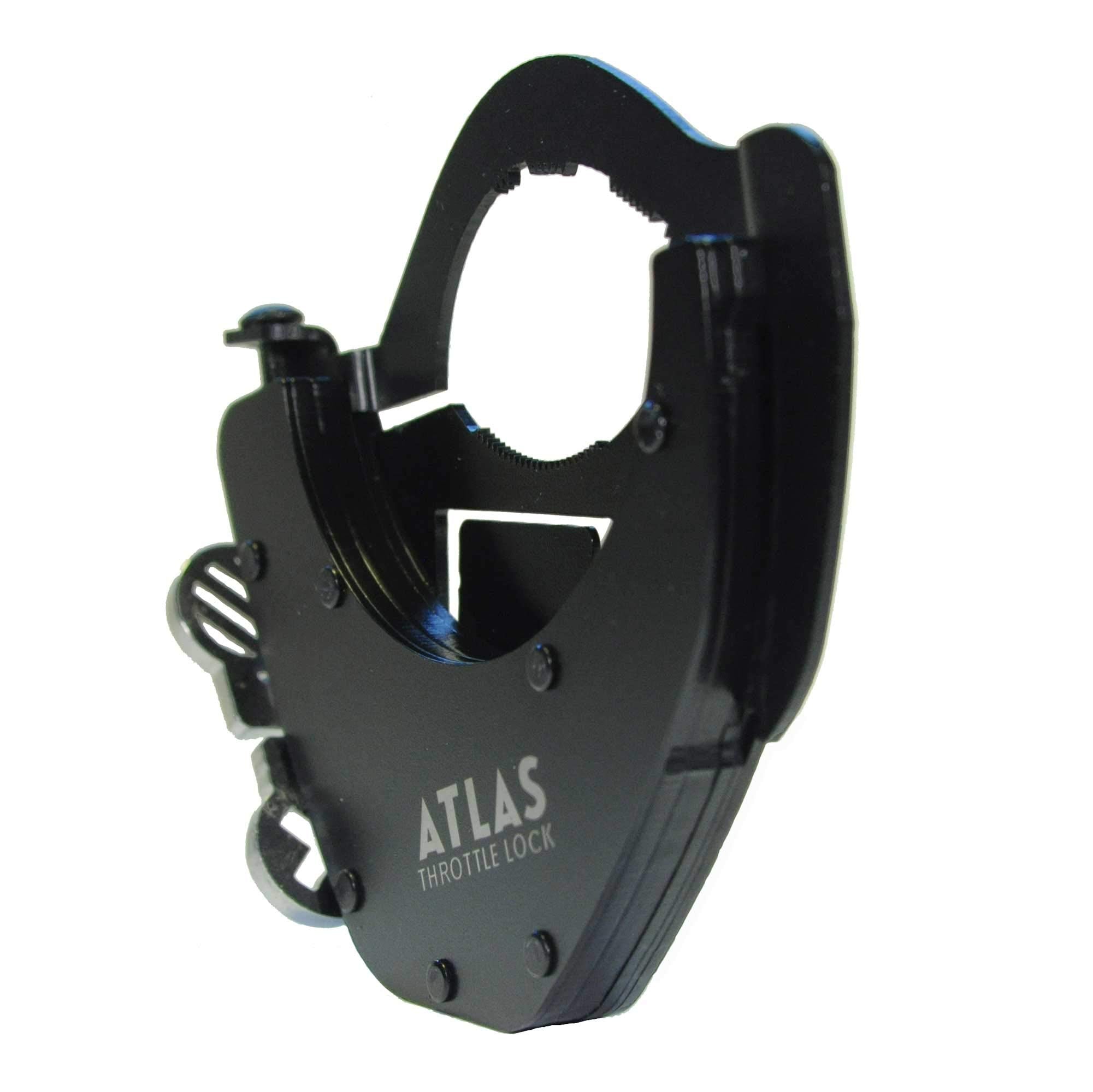 ATLAS Throttle Lock held by hand for scale showing compact size and ergonomic design