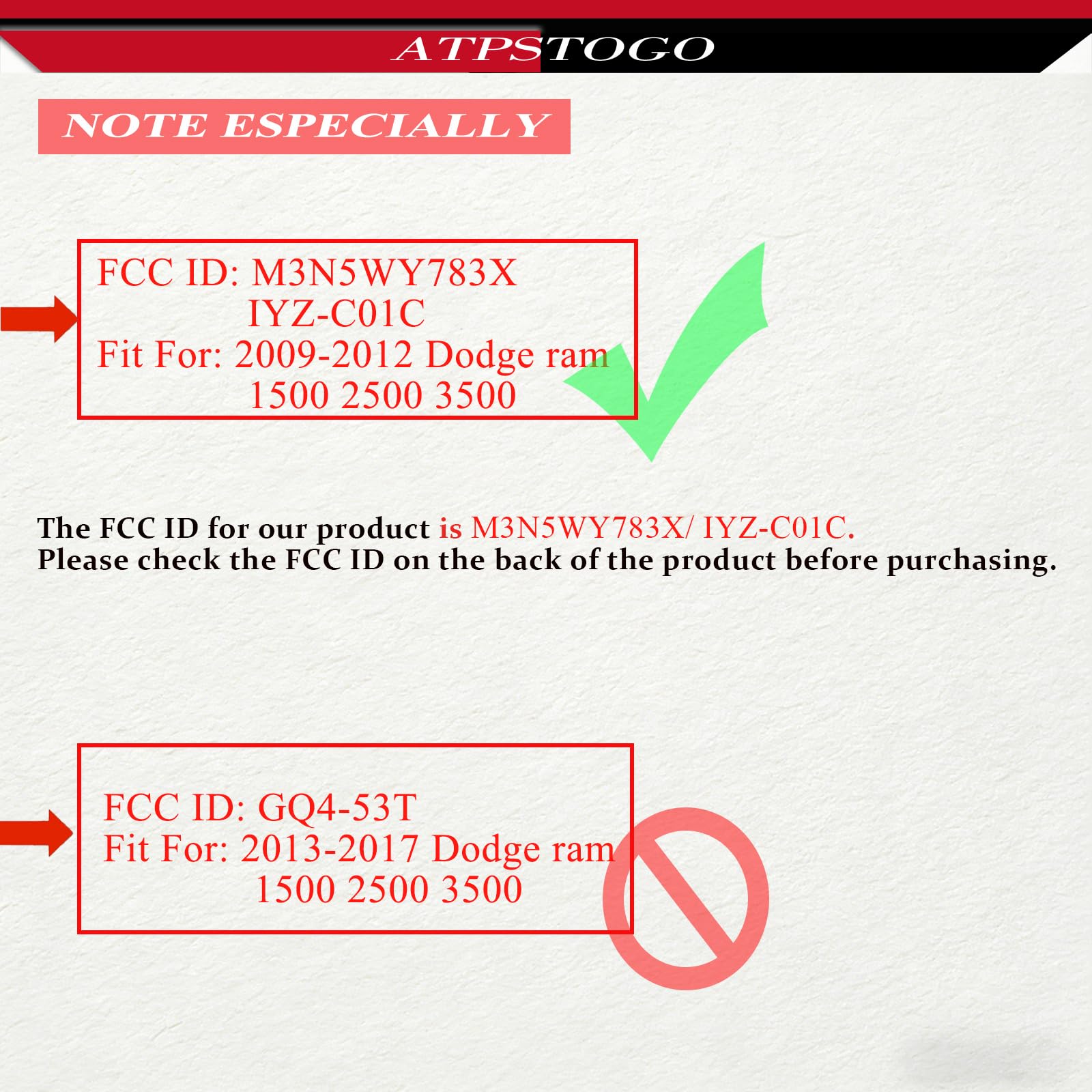 ATPSTOGO back label close-up showing FCC IDs and frequency, verifies compatibility
