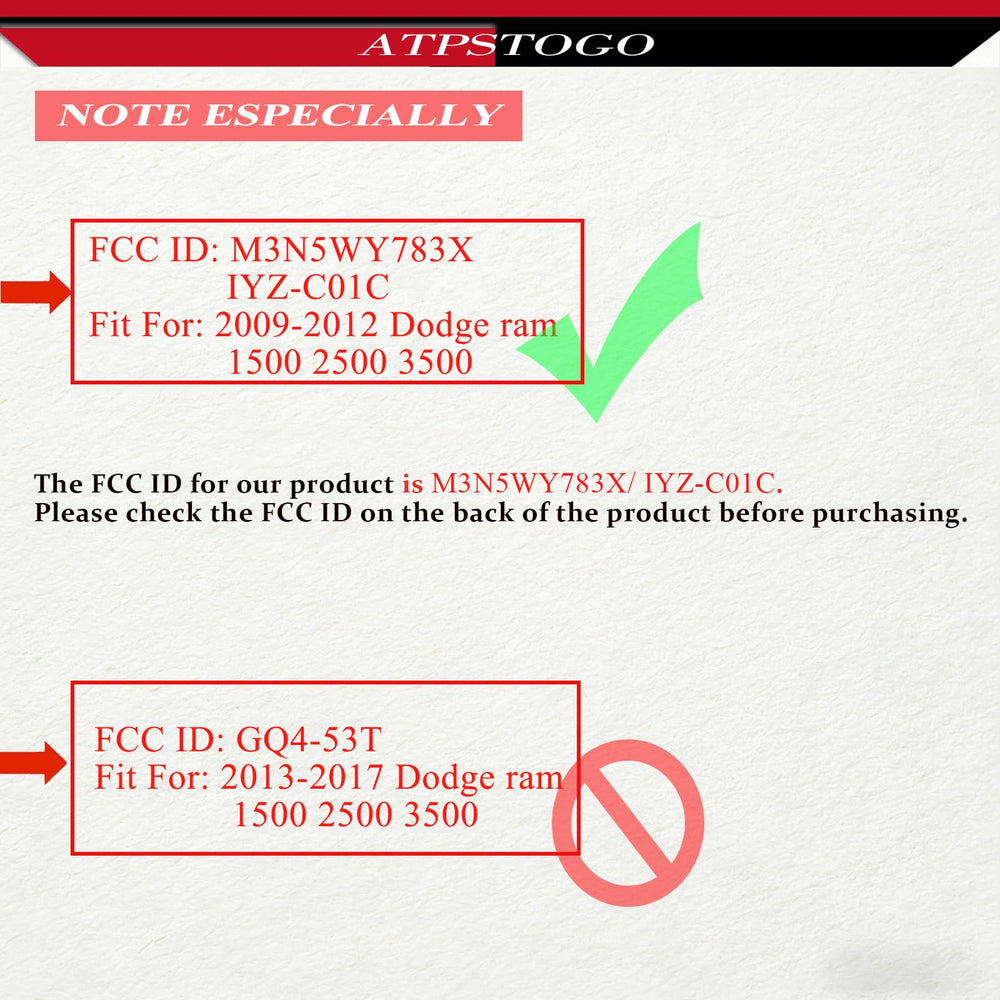 ATPSTOGO back label close-up showing FCC IDs and frequency, verifies compatibility