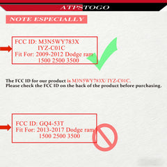 ATPSTOGO back label close-up showing FCC IDs and frequency, verifies compatibility