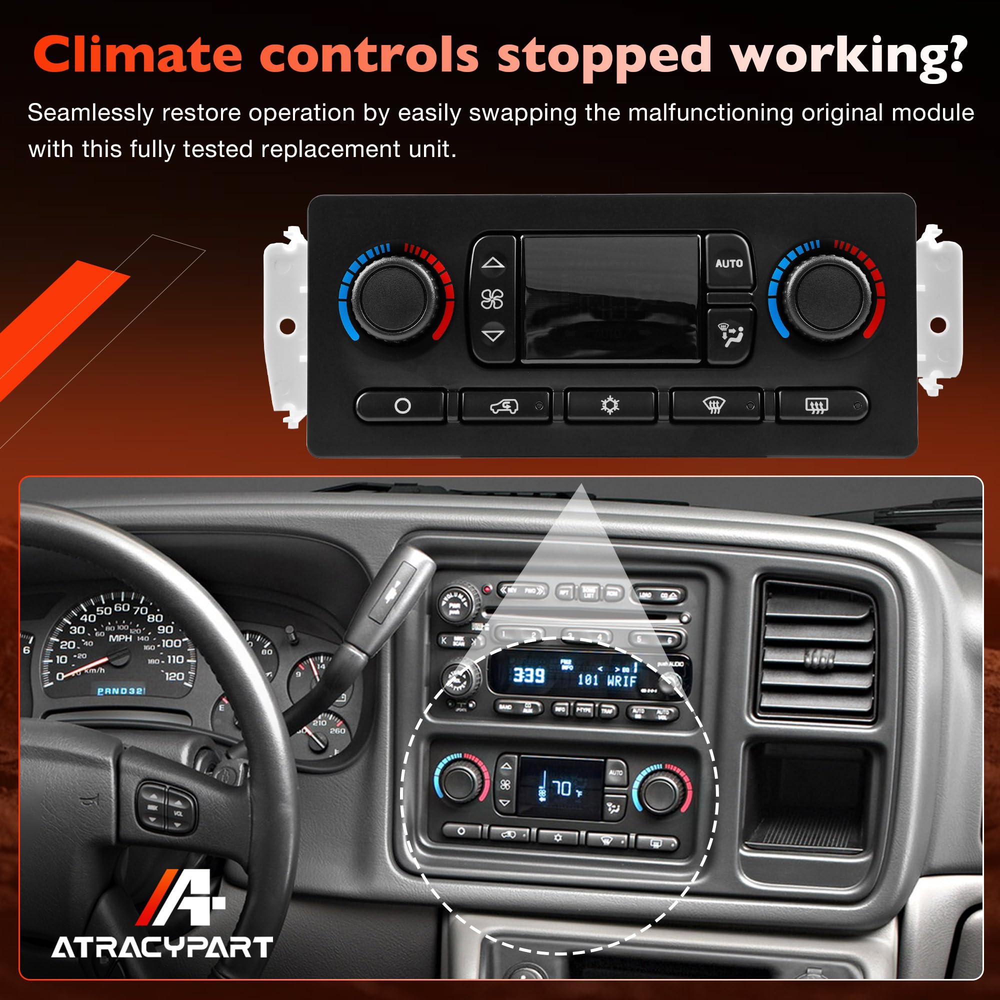 ATRACYPART installed in dashboard of truck, restores working A/C and heater controls