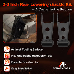 ATRACYPART lowering shackle installed on rear axle demonstrating lowered stance benefit