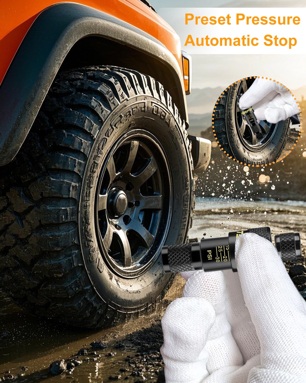 ATsafepro mounted on offroad vehicle tire speeding air down for improved traction