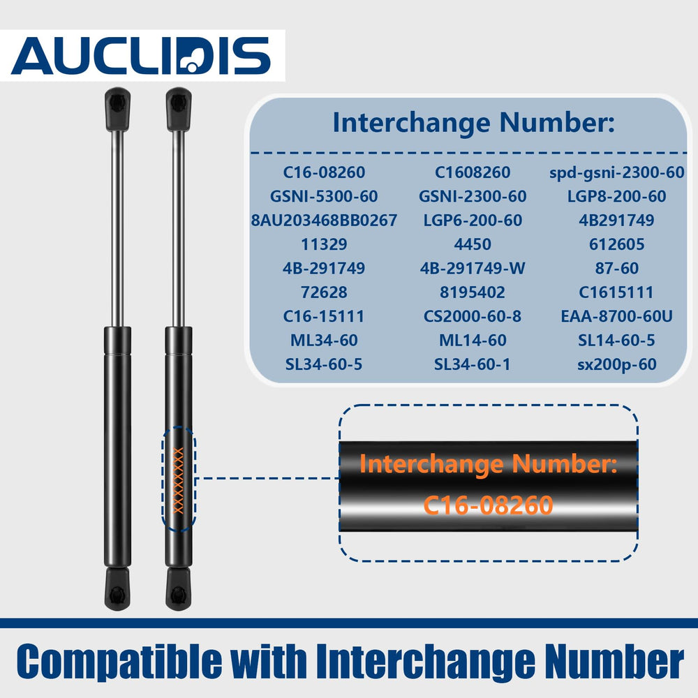 AUCLIDIS compressed gas strut showing center-to-center measurement for accurate fit