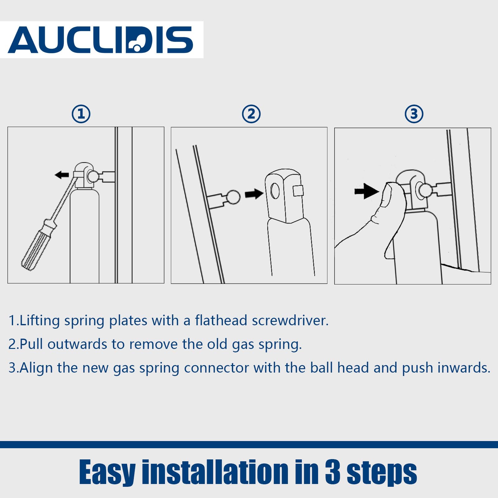 AUCLIDIS gas strut in a workshop during installation demonstrating DIY replacement ease