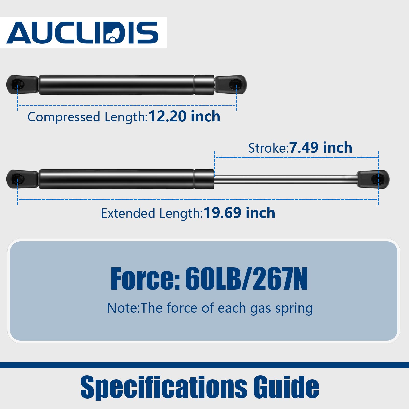 AUCLIDIS side profile extended gas strut demonstrating full length and smooth lift action