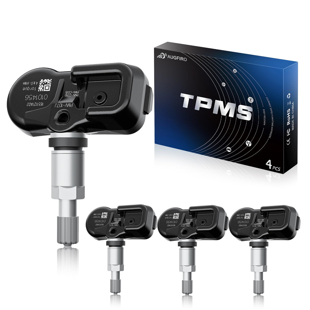 Augfiro front packaging showing four TPMS sensors and model compatibility benefits
