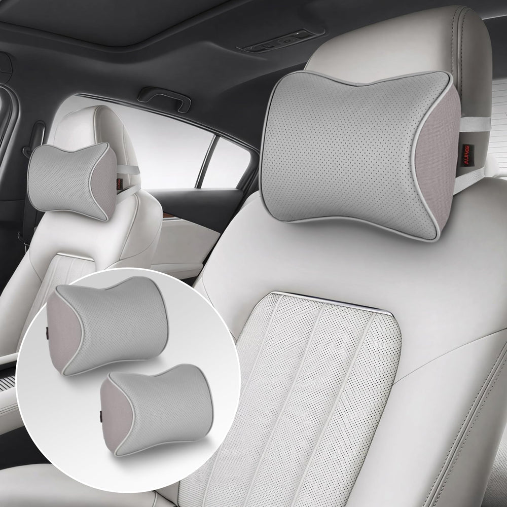 Aukee front view of both gray headrest pillows showing neat shape and comfort