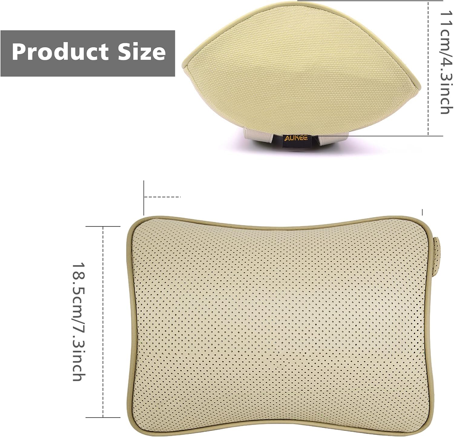 Aukee pillow on seat next to a notebook showing size and scale